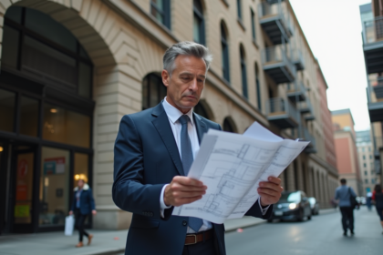 Urbaniste en costume bleu examinant des plans de rénovation urbaine