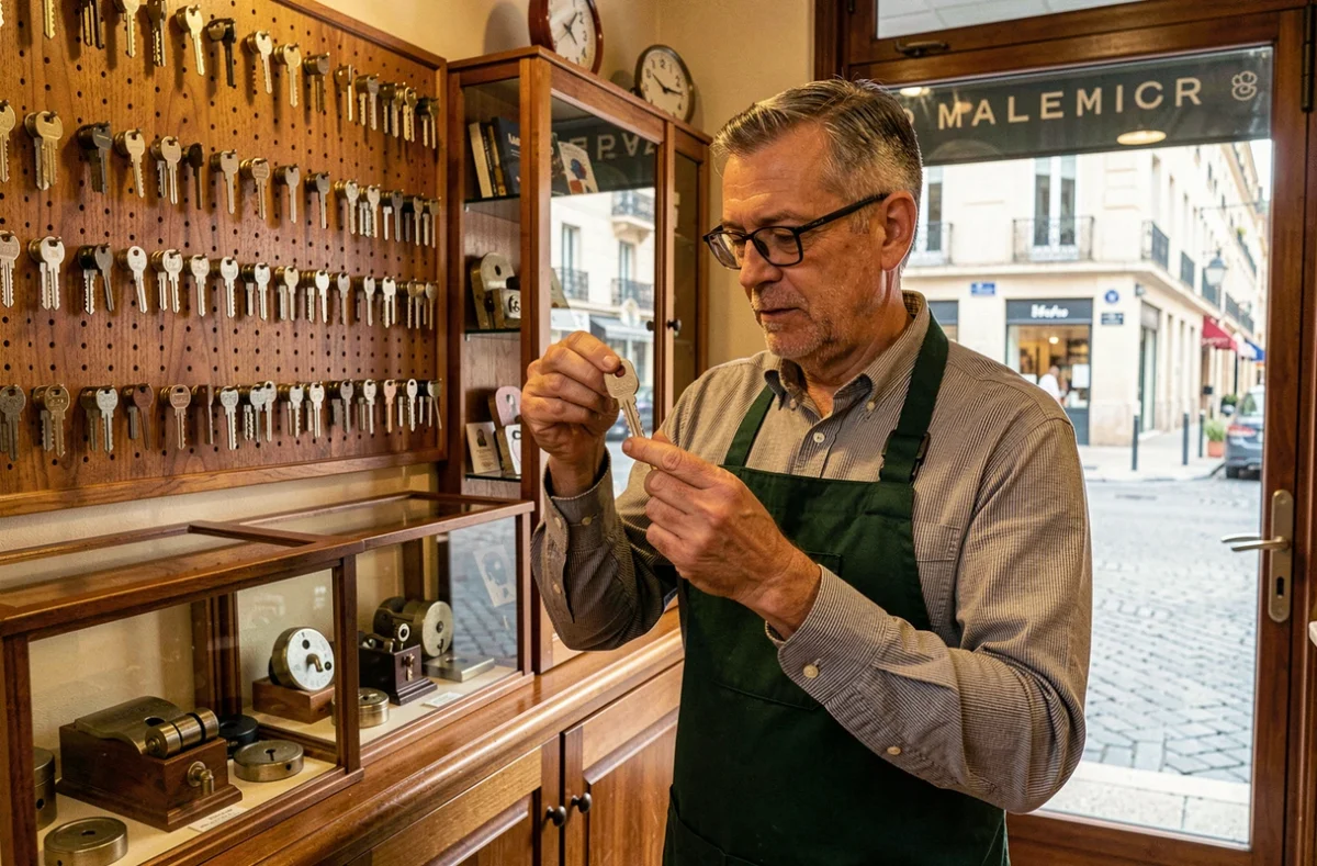Spécialiste clés Vauquier La Boutique à Clefs à Montpellier tenant une clé fraîchement découpée dans sa boutique traditionnelle