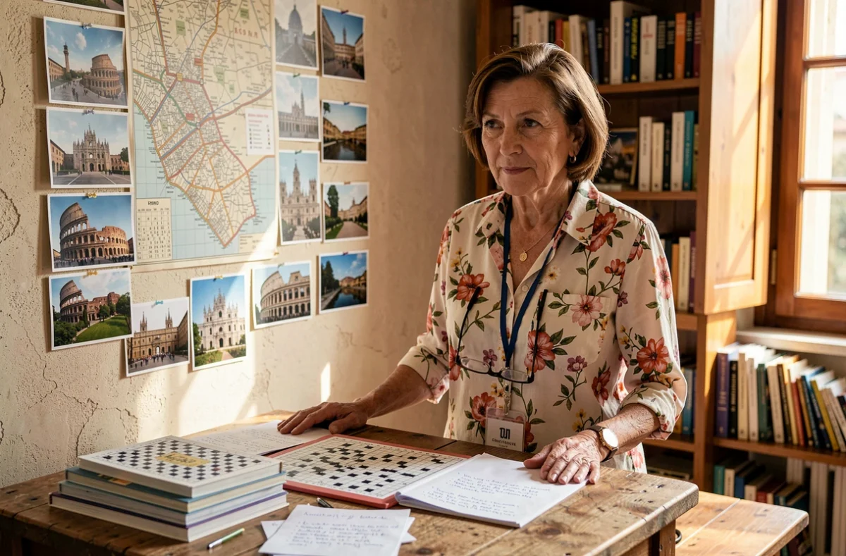 Femme italienne résolvant des mots croisés avec des noms de villes italiennes en 5 lettres posés sur une table en bois