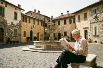 Vieille place pittoresque d'une ville italienne typique en 5 lettres avec fontaine en pierre et bâtiments en pierre ocre