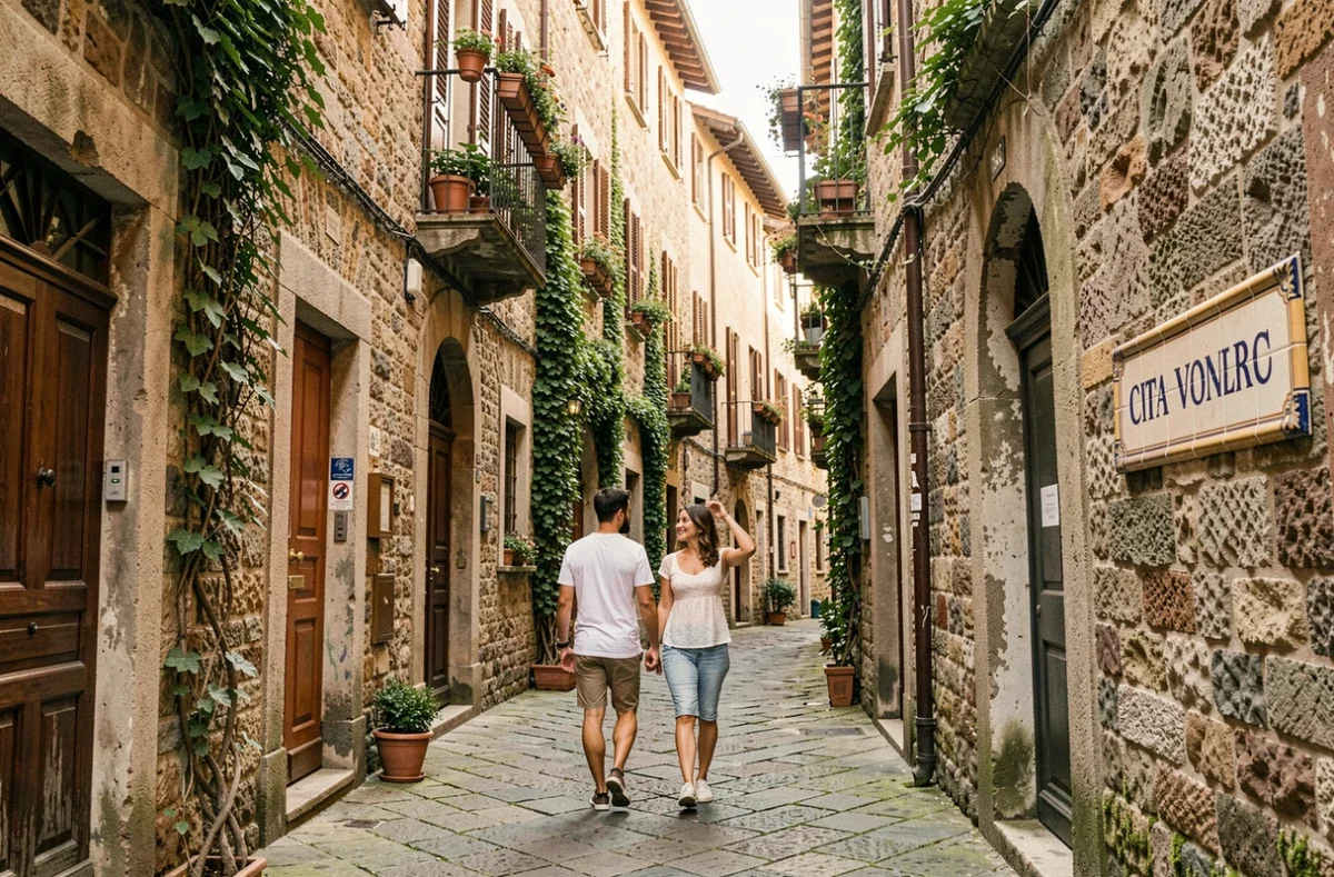 Ruelle médiévale d'une ville italienne en 5 lettres avec panneau de rue en céramique peinte et couple en balade
