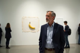 Visiteur musee contemplant une banane tapee dans une galerie d'art