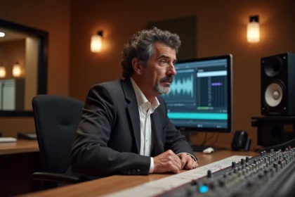 Producteur de musique Vladimir Boudnikoff assis devant une console de mixage dans un studio d'enregistrement professionnel, regard concentré