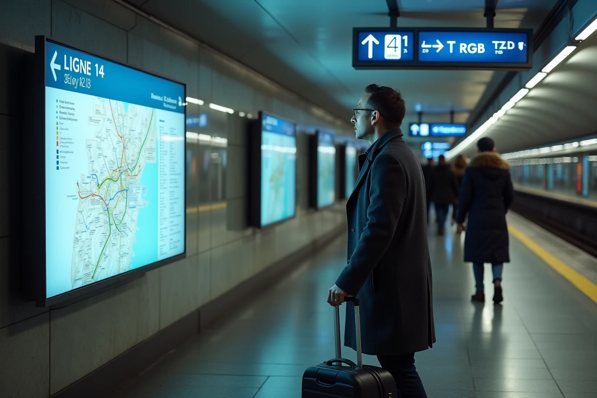 Voyageur consultant le plan interactif de la ligne 14 dans une station avec correspondance TGV à Paris
