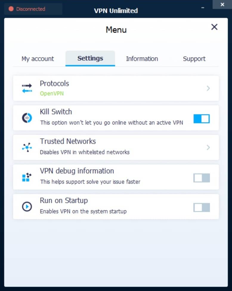 vpn unlimited settings menu