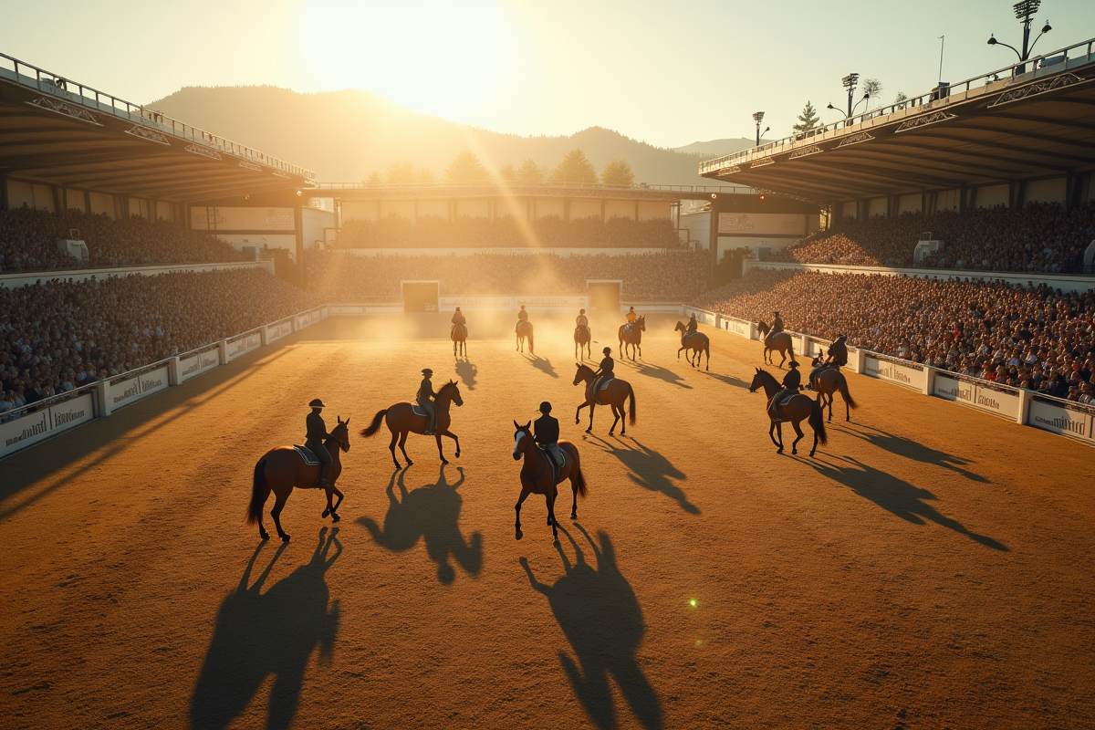 Vue aérienne d une scène d épreuve équestre avec plusieurs cavaliers